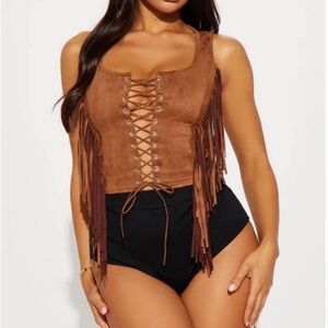 Brown Fringe Lace-Up Vest